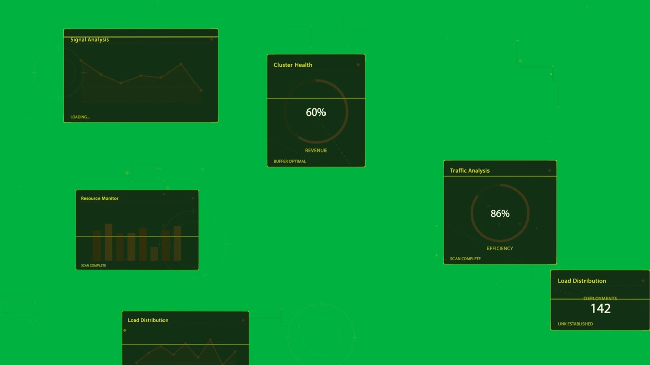 Network HUD loading, drawing dotted paths and ring glyphs on transparent void, displaying metrics