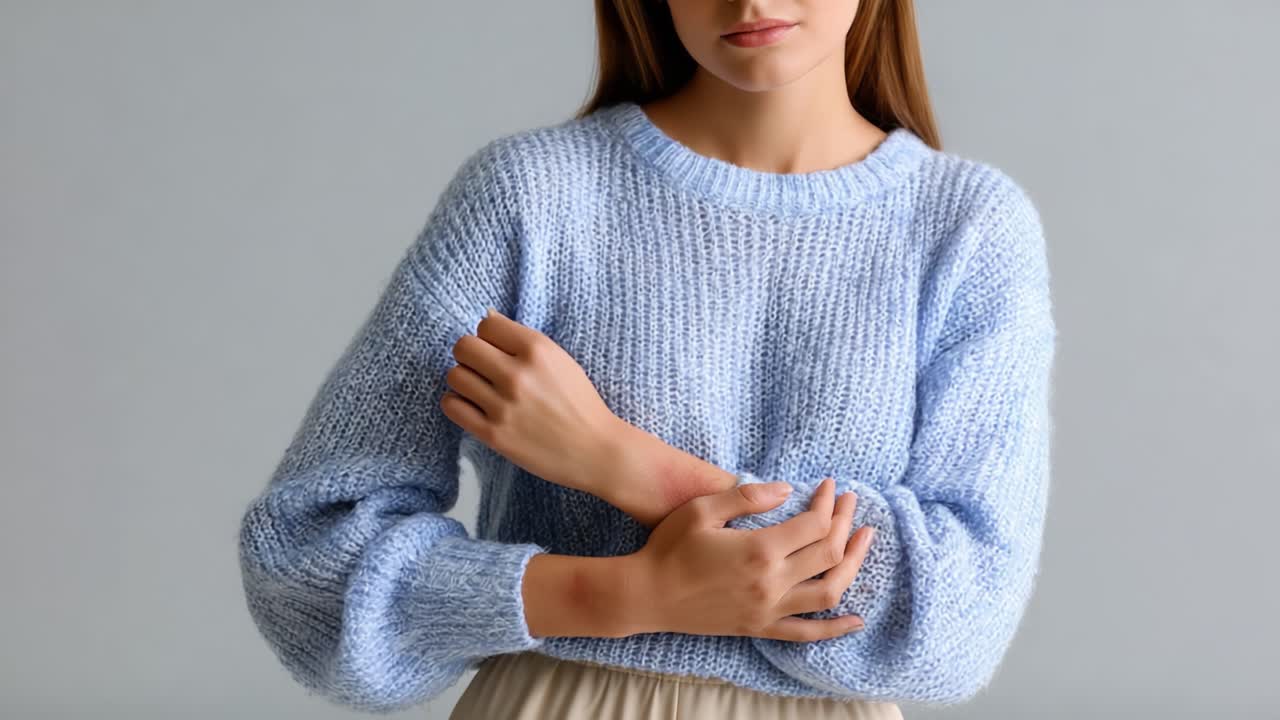 Una modella alla moda con un morbido maglione blu si abbraccia delicatamente le braccia, catturando un momento di eleganza e stile in un ambiente minimalista