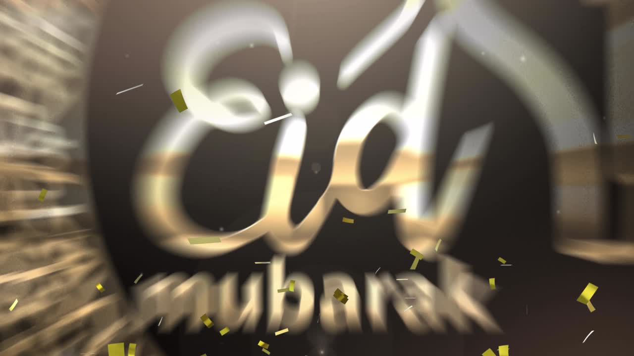 animación del texto eid mubarak con mezquita, símbolo de la media luna y confeti en oro sobre negro