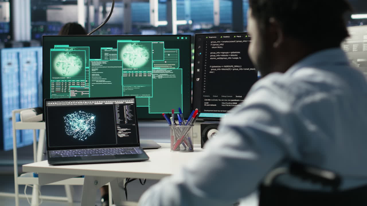 Man with paraplegia in server hub trying to protect hardware from hacker attack