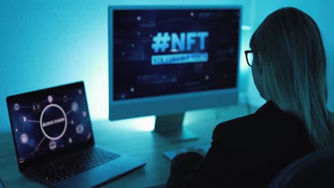 young woman buying nft on blockchain market - new technology token concept