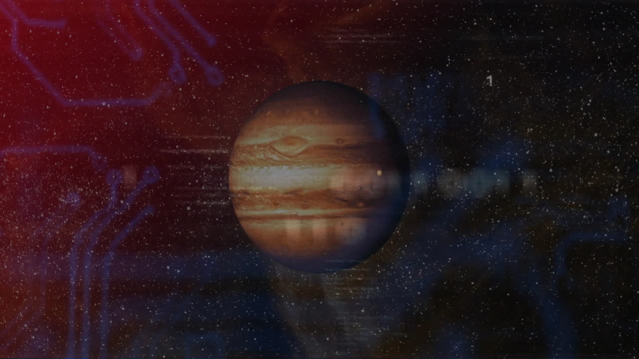 Gas giant planet floating through starfield, displaying red and blue binary code and neon circuits
