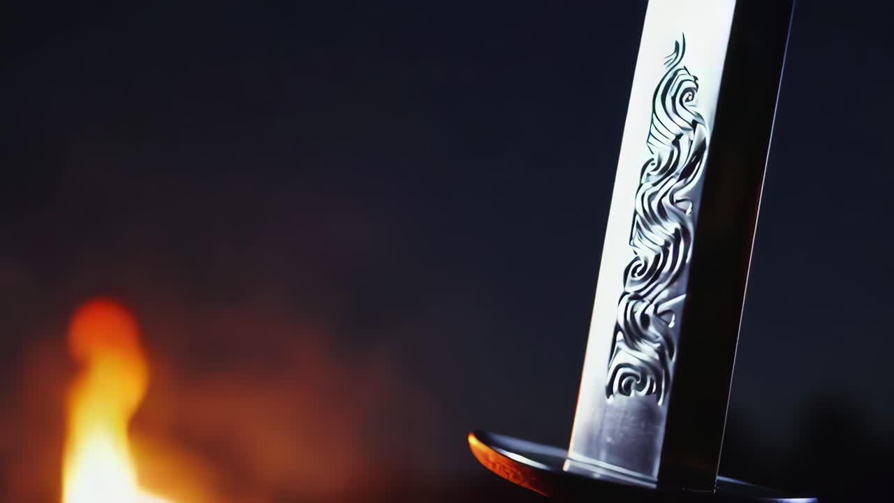 Close-up of a sword blade at night with fire in the background