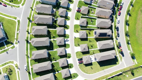 zoom out and flight over homes with green lawns, beautiful neighborhood