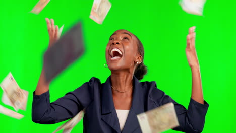 black woman, celebration and raining money
