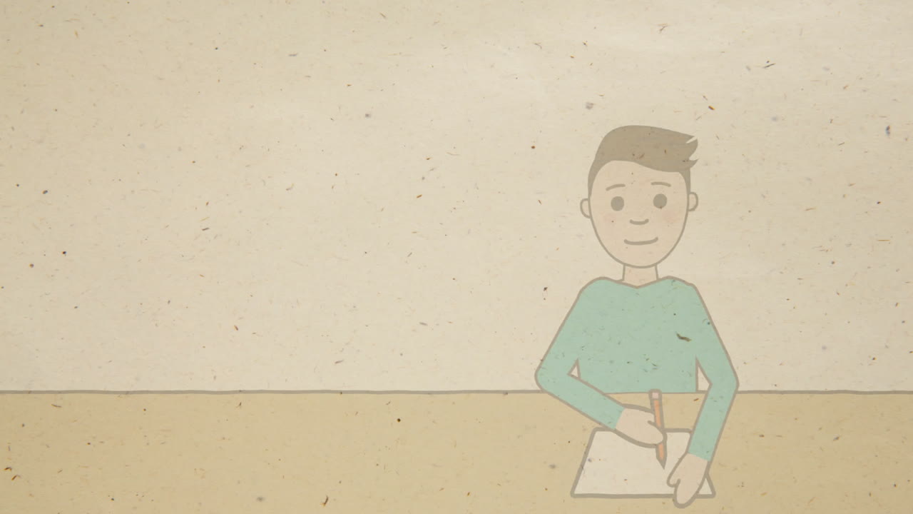 Drawing on paper, animated person smiling in simple animation