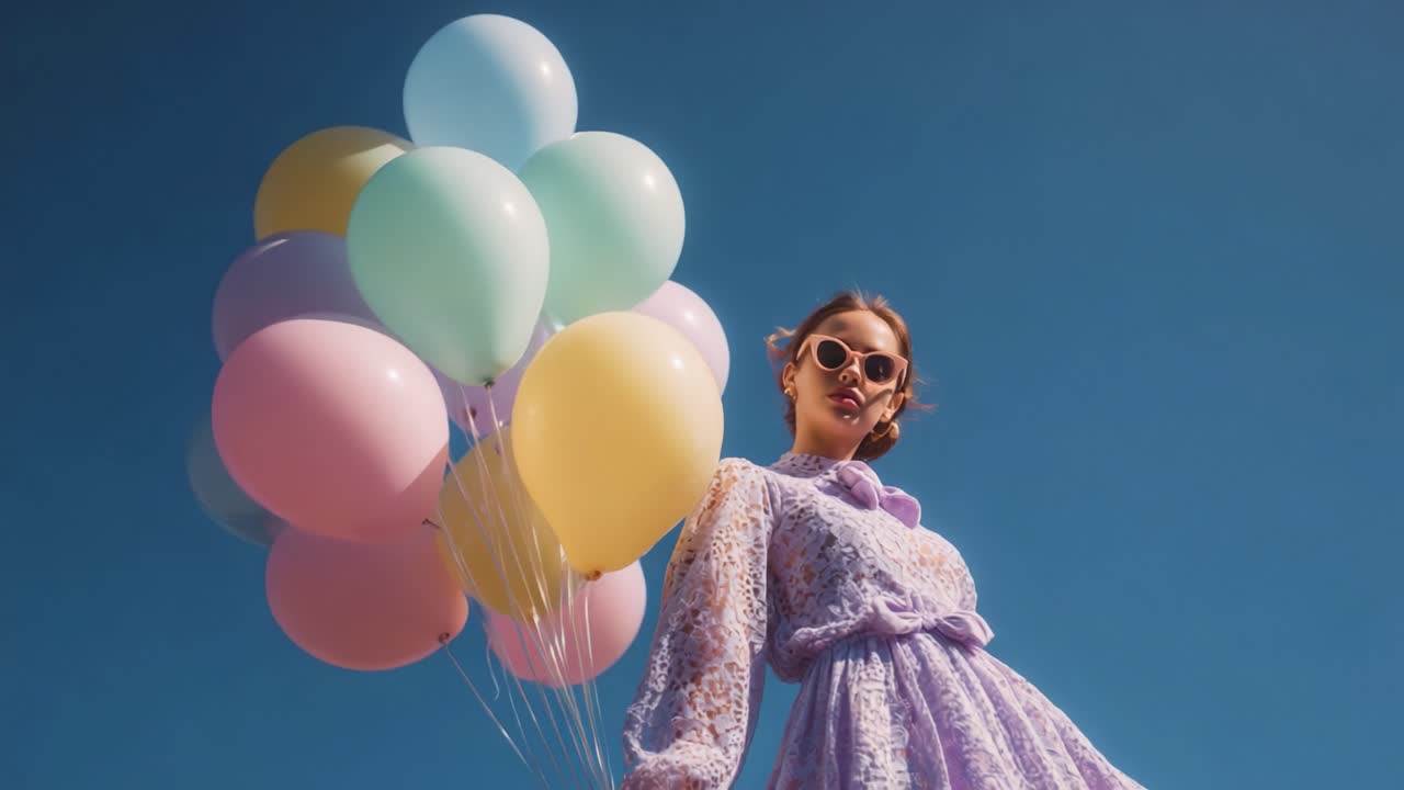 A Dreamy Moment Under a Clear Blue Sky: A Fashionable Woman Dons a Beautiful Lavender Dress While Holding Colorful Balloons That Soar Against the Bright Background, Embodying Joy and Elegance