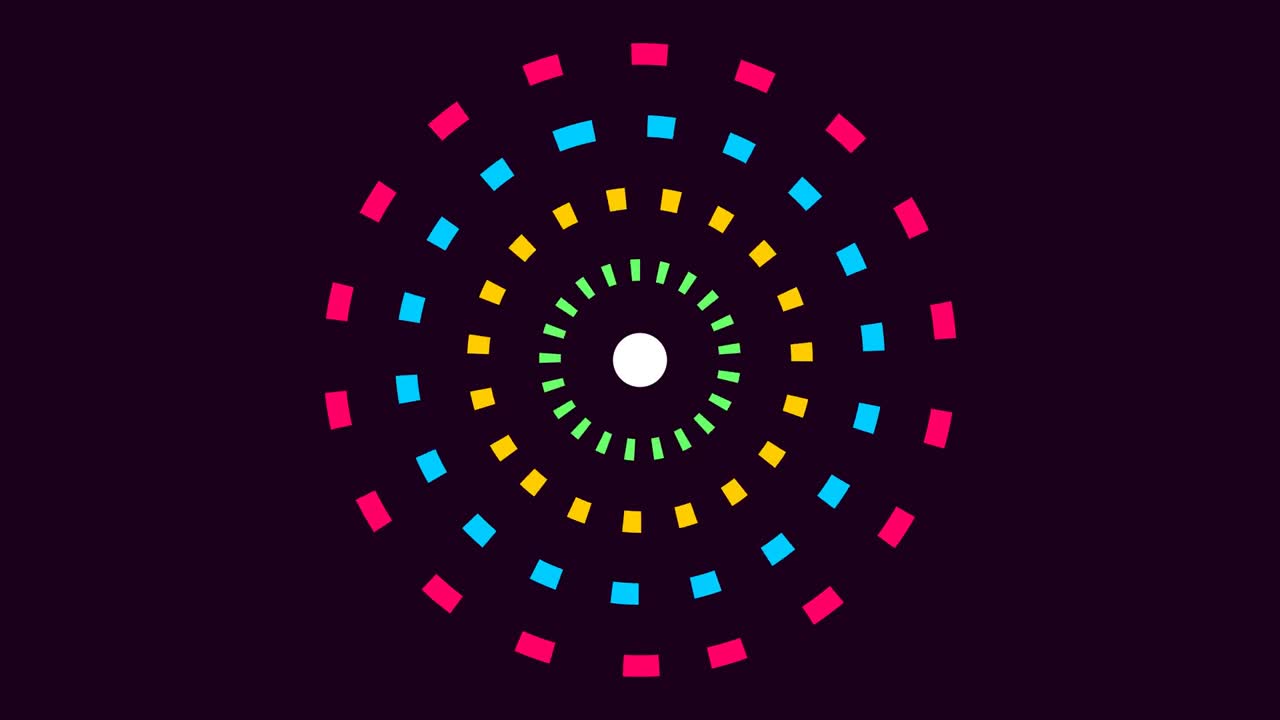 3D-gengivelse af stiplede hvirvelringe, der roterer i et cirkulært mønster på mørk baggrund, skaber farverig abstrakt animation designet til visuelle effekter, motion graphics og video-overlays