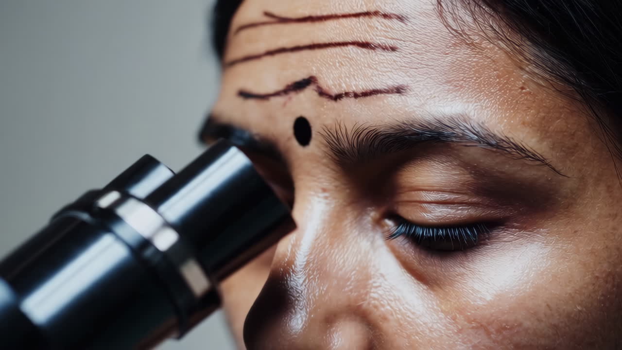 실험실 에서 현미경 을 통해 보는 과학자