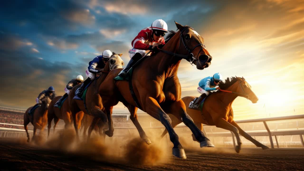 Dynamic video still of a horse race at sunset, captured from a low-angle, emphasizing speed