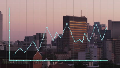 animación del procesamiento de datos financieros sobre el paisaje urbano