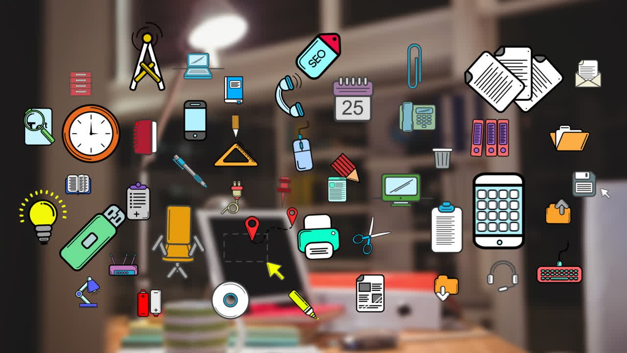 iconos coloridos de elementos de la oficina fuera de foco de la oficina en el fondo