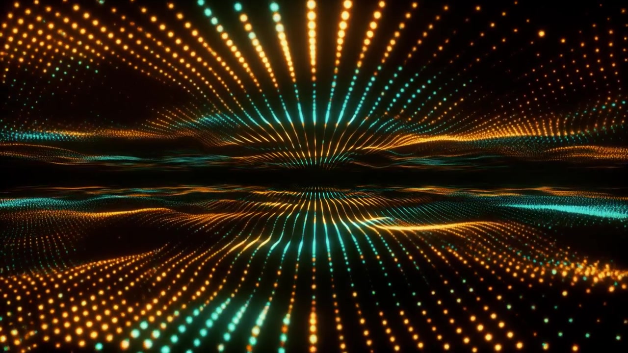Abstract Digital Wave of Glowing Orange and Teal Particles