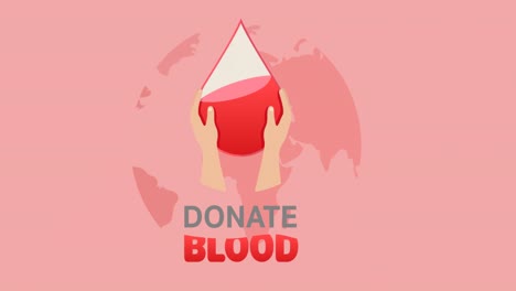 animation of donate blood text, with hands and droplet logo over globe, on pink background
