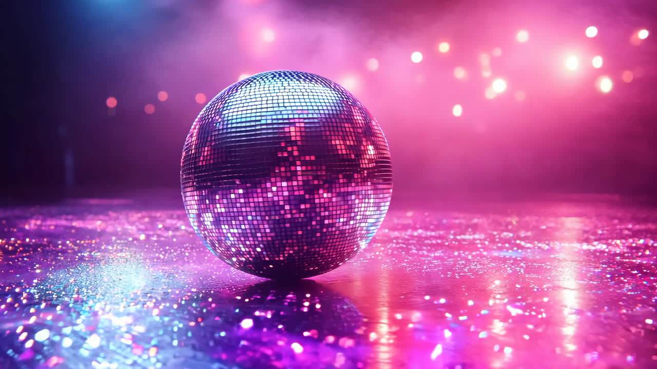 A disco ball is sitting on a shiny surface with pink and purple lights in the background. The scene is set in a club or party atmosphere
