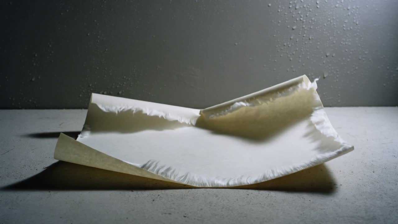 Curling white torn-edged sheet arching, rolling into two curled flaps on table, air current passing