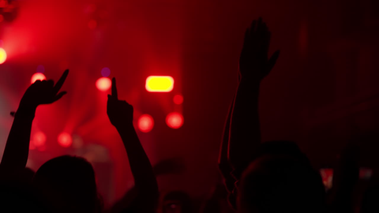 Sagome della folla che applaude e alza le mani a un concerto di musica dal vivo.