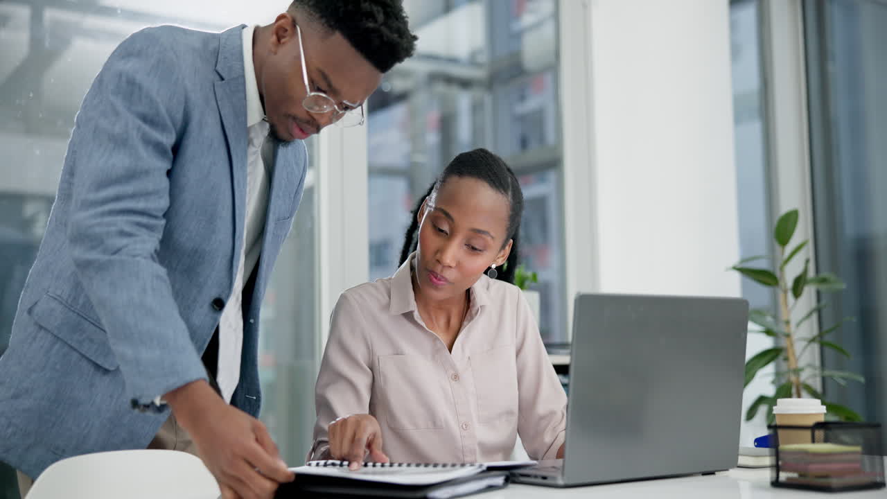 Business people, laptop and documents for advice