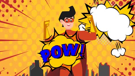 animation of retro cartoon speech bubbles and superhero flying over yellow background