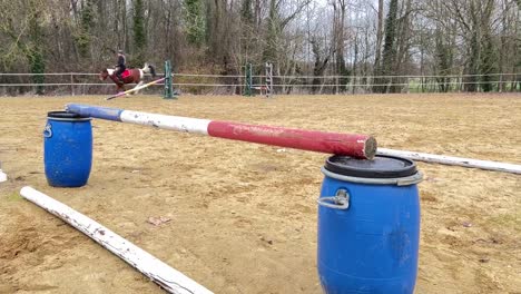 jockey training her pony in the paddock, galloping and jumping over hurdles