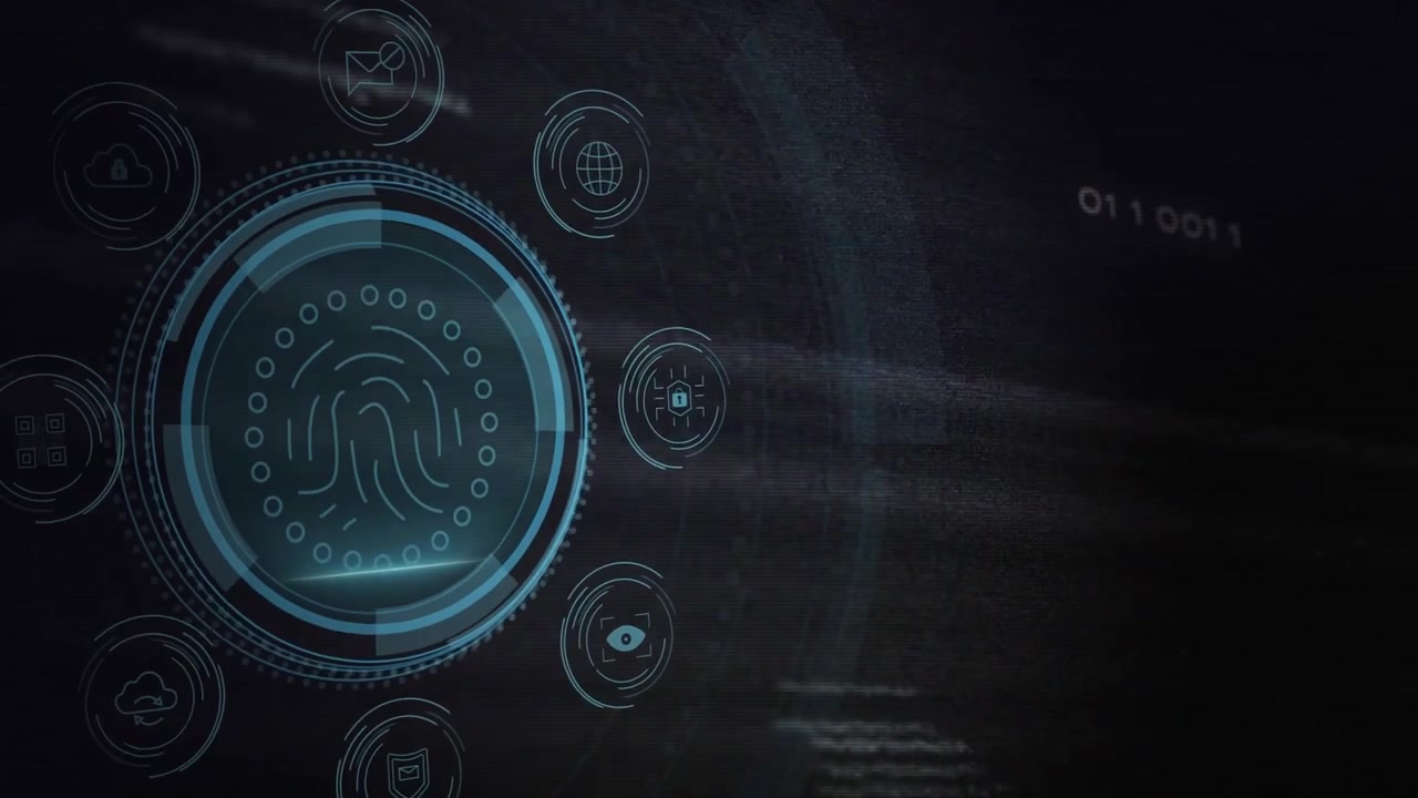 Shield icon appearing, circular HUD forming with print scan and orbiting icons for data protection