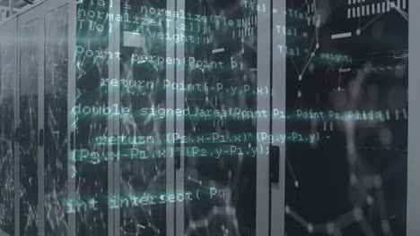 Animation-of-data-processing-and-network-of-connections-against-computer-server-room