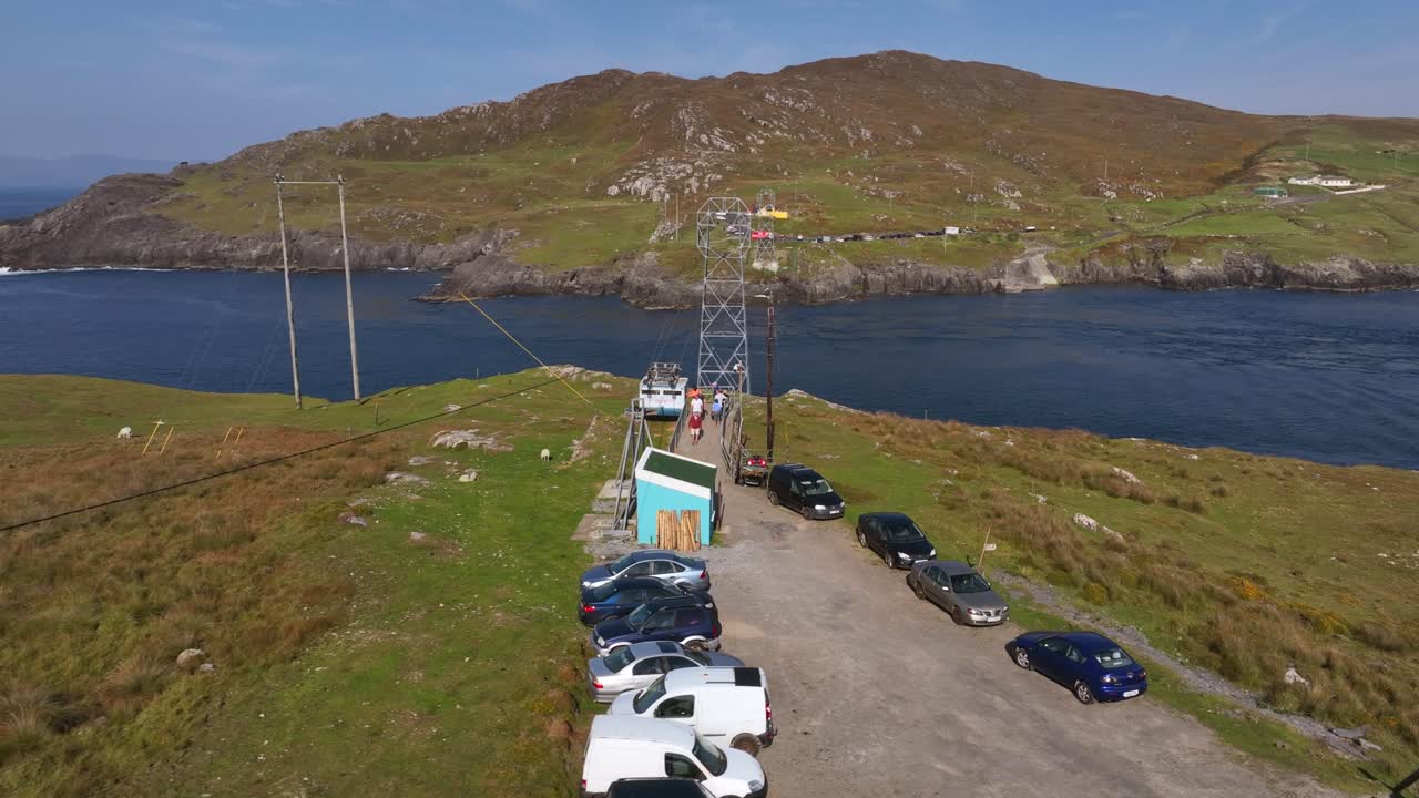 Aerial View of a Ferry and Cable Car Station on a Scenic Irish Island