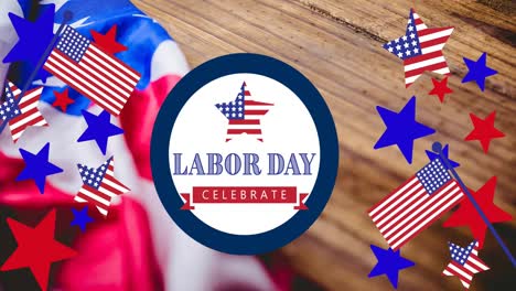 Animation-Eines-Happy-Labor-Day-Textes-Mit-Amerikanischen-Flaggen,-Stern--Und-Flaggenelementen-über-Holz