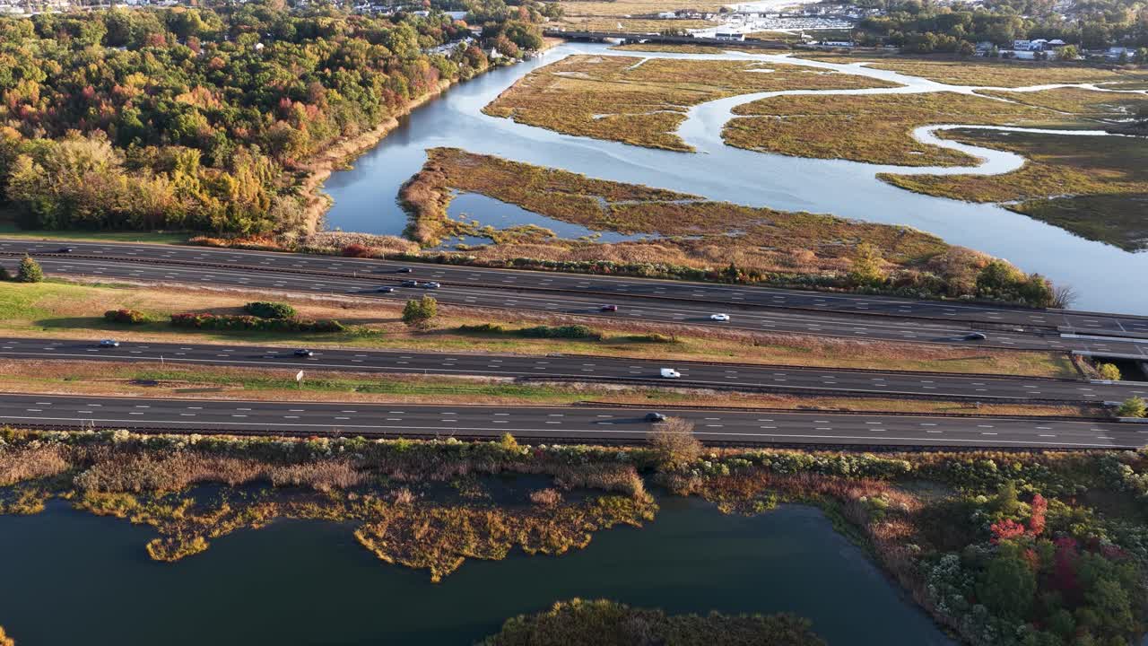 Aerial view of traffic along the Garden State Parkway in Matawan, New Jersey