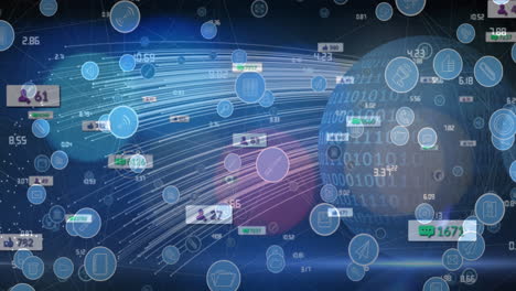 animation of network of connections with icons over data processing