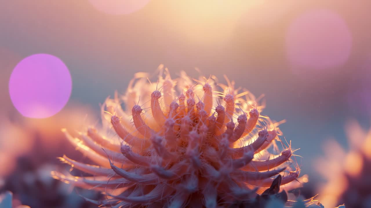 Glowing composite bloom showing florets, fuzzy hairs in meadow, backlight rising, purple bokeh