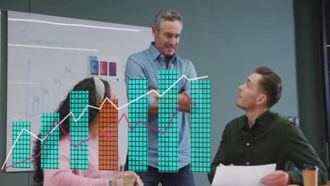 animation of financial data processing over diverse business people in office