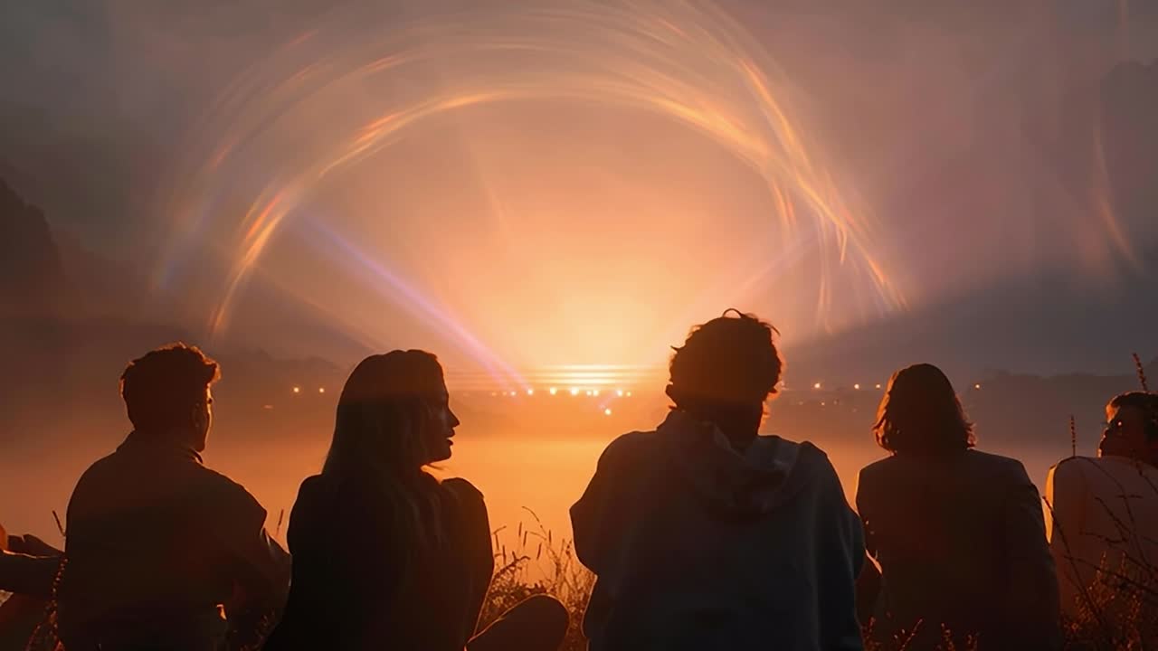 Friends gathered by the lake watching a stunning sunset together