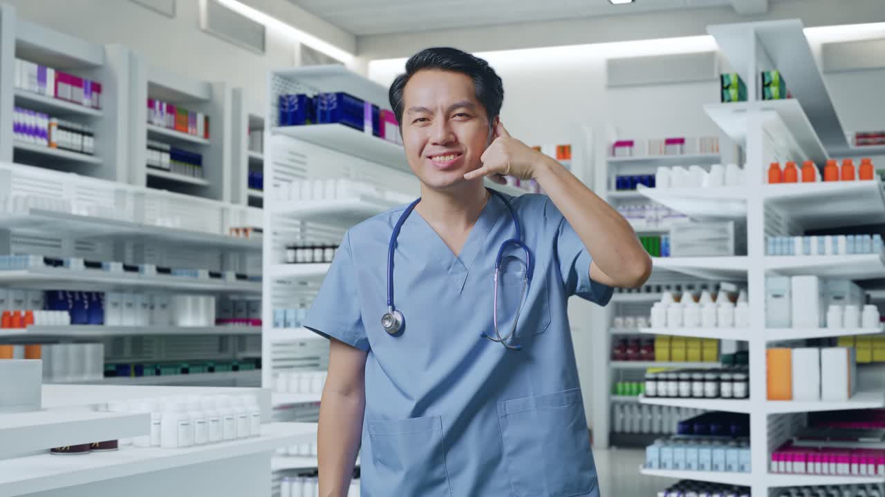 스테토스코프를 보여주는 아시아 남성 의사는 약국에서 제스처와 미소를 지으며 나에게 전화합니다.