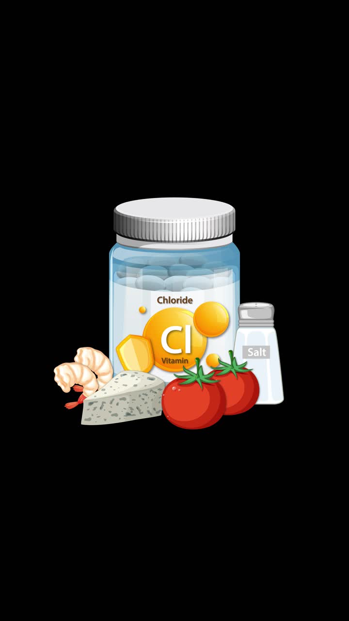 Chloride supplement bottle with salt, cheese, shrimp, tomatoes, and ginger on black background, smooth buildup