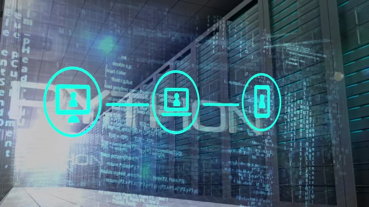 animación de la conexión de computadora, portátil y teléfono inteligente con lenguaje de codificación en segundo plano