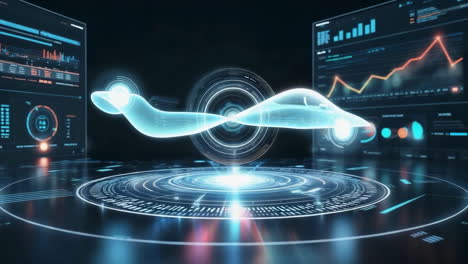 futuristic holographic car display with data visualization dashboard