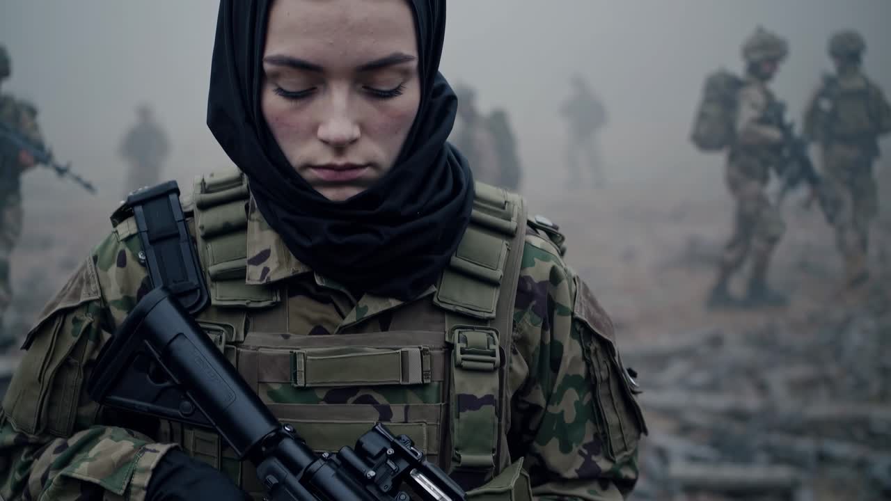 Determined female soldier stands guard, rifle at the ready, in a smoky battlefield, her face resolute amidst the chaos of conflict, with fellow soldiers advancing in the background