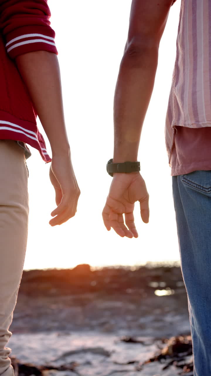 Vertical video of happy diverse male couple holding hands at beach, slow motion