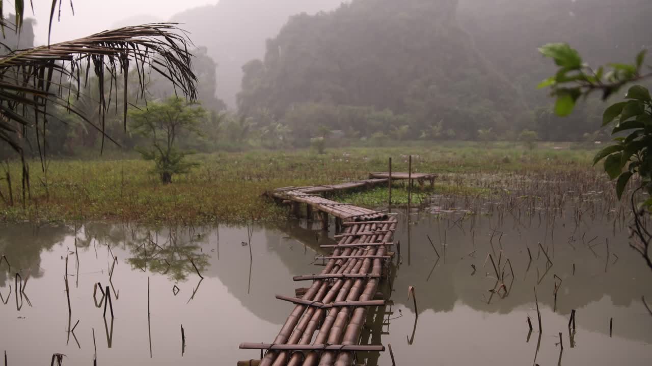Cầu tre bắc qua mặt nước ở vùng núi Ninh Ninh, miền Bắc Việt Nam