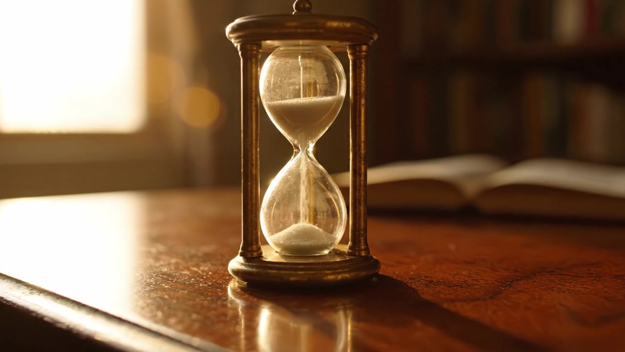 Una clessidra elegante che cattura l'essenza del tempo: una vista ravvicinata della sabbia che scorre con grazia tra le camere di vetro in una stanza illuminata delicatamente.