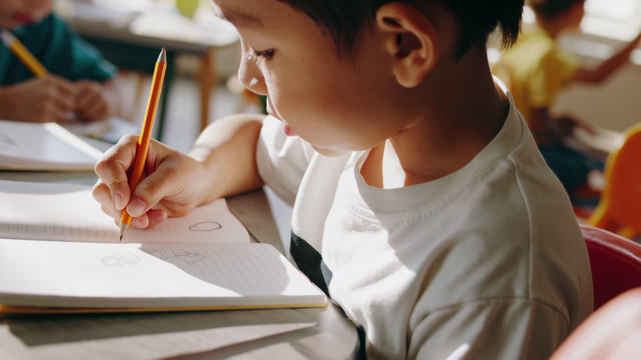 Young boy drawing in a notebook during a class