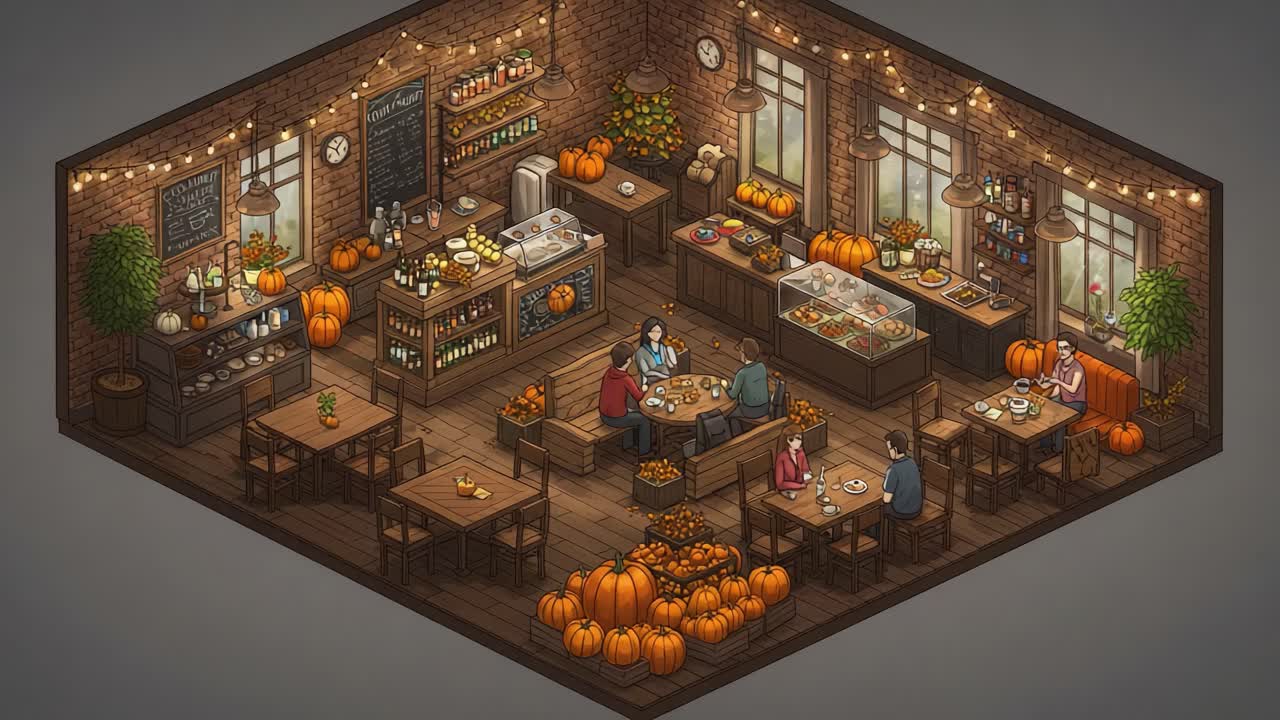 Charming Autumn Café Scene: A Cozy Gathering of Friends Amidst Delightful Décor with Pumpkins, Warm Lighting, and Inviting Atmosphere to Enjoy Delicious Meals Together