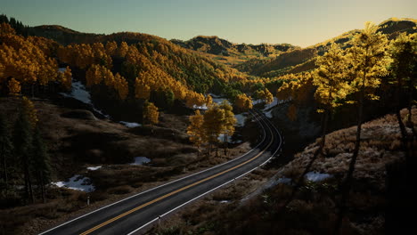 aerial-view-of-snowy-forest-with-a-road