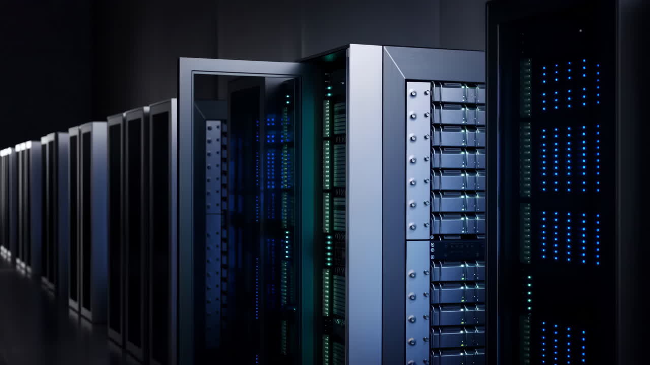 Modern Server Room with Blinking Data Racks