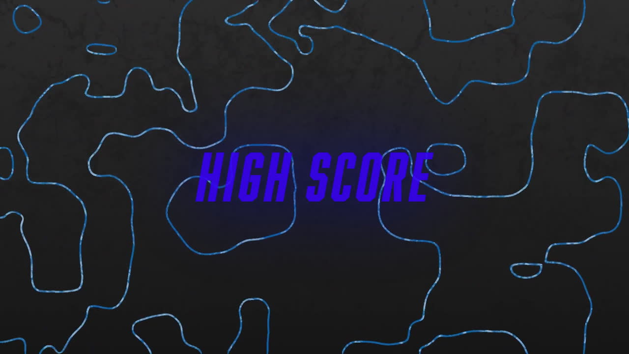 High score animation over abstract blue line patterns on dark background
