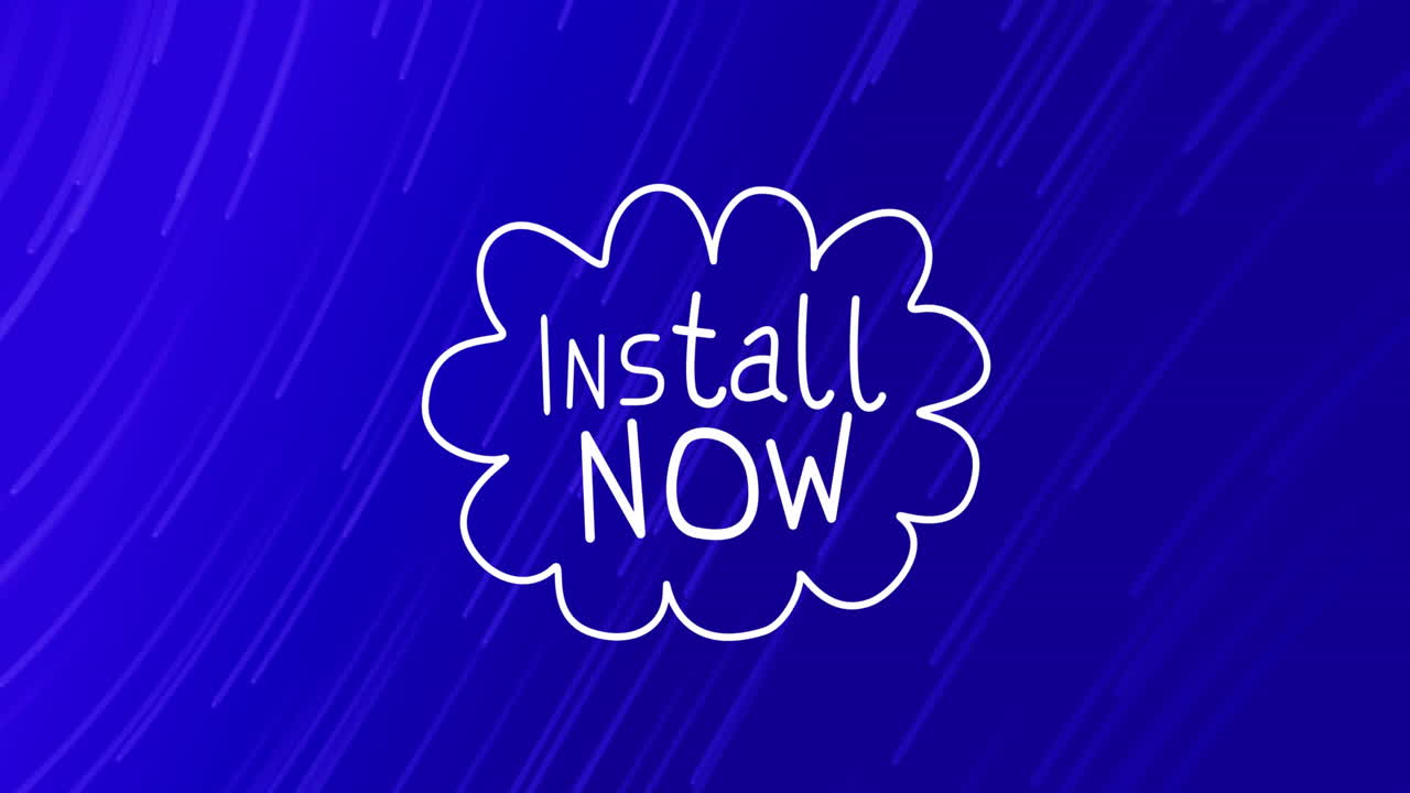 이제 설치하는 애니메이션 클라우드와 빛 트레일 위의 텍스트 파란색 배경