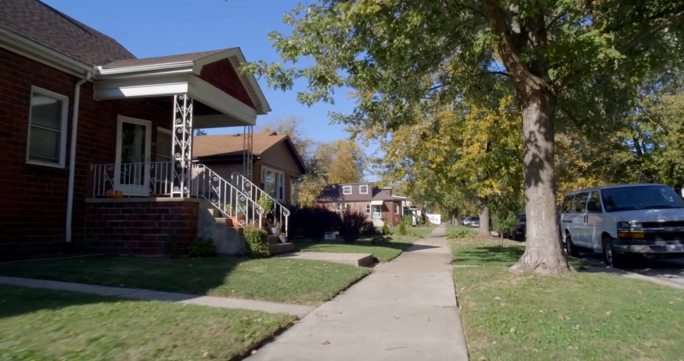 Tracking shot on American suburban street in Illinois