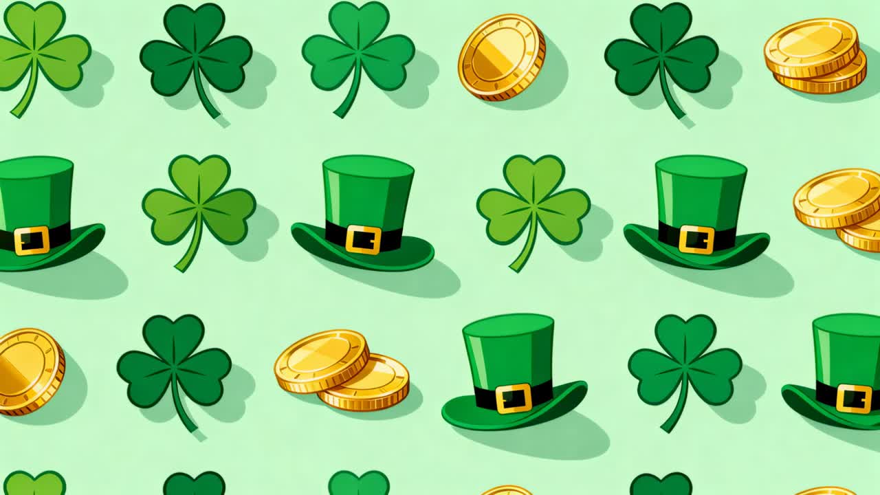 Animating pattern shifting across pale green canvas, forming loop with green top hats clovers coins