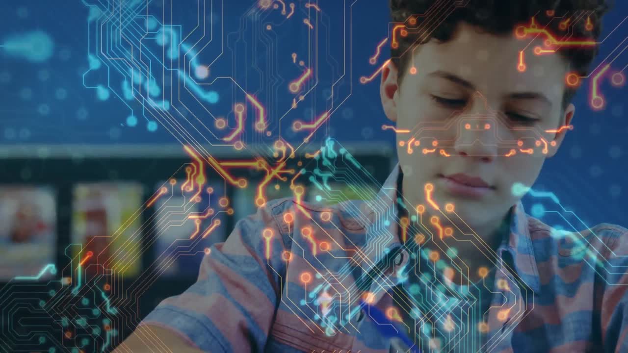 animación de circuitos integrados sobre el aprendizaje de niños caucásicos en la escuela